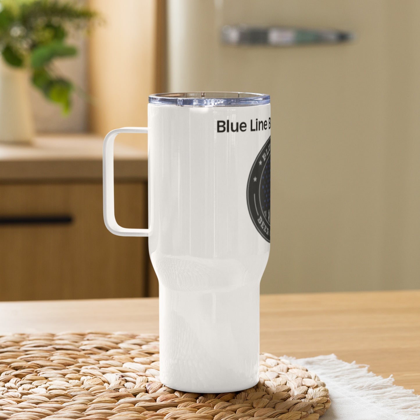 Blue Line Beer Travel mug with a handle